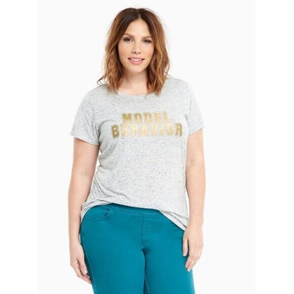 Torrid Model Behavior Speckled Knit Graphic T-Shirt Tee Gray Gold Sz 0 ~ L ~12 - Picture 1 of 10